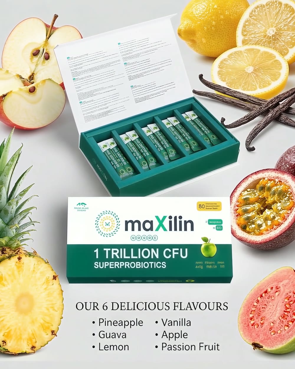 Maxilin – 1 трилион CFU суперпробиотик, 6 плодови вкуса